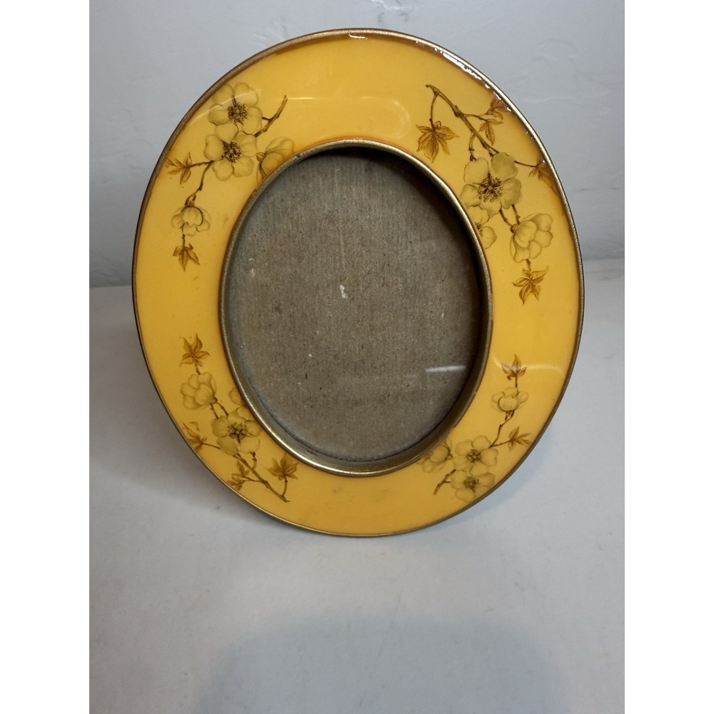 Vintage Yellow Enamel Oval Floral Picture Frame Brass Metal Tabletop Photo Decor